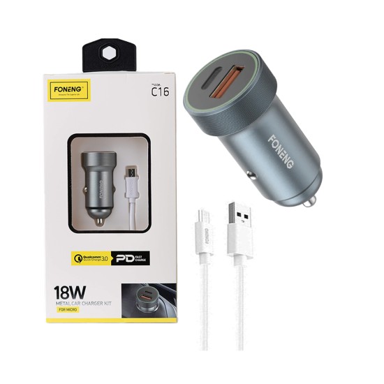 Foneng Car Charger Kit C16 2 Portas (USB+Tipo-C) com Micro Cabo Preto